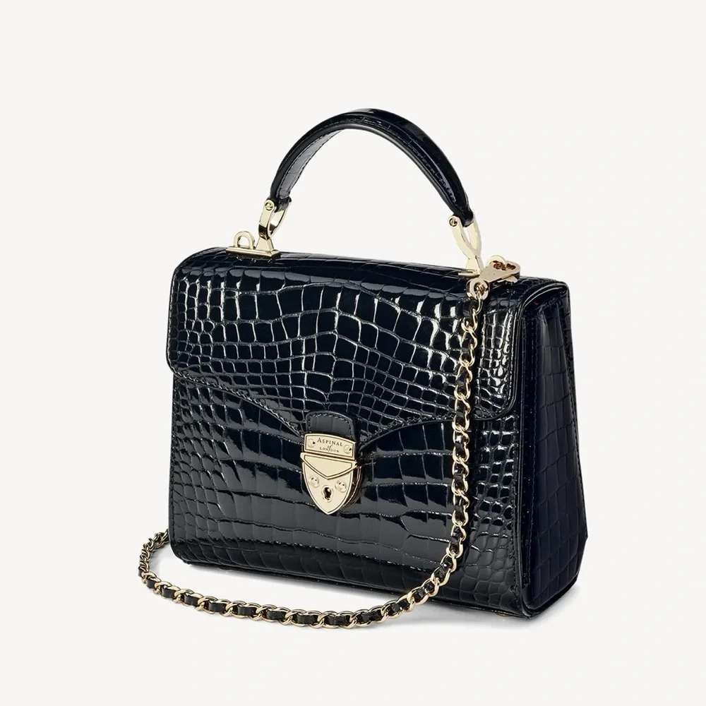 Aspinal of London Midi Mayfair Black Patent Croc Top Handle Crossbody Chain Bag